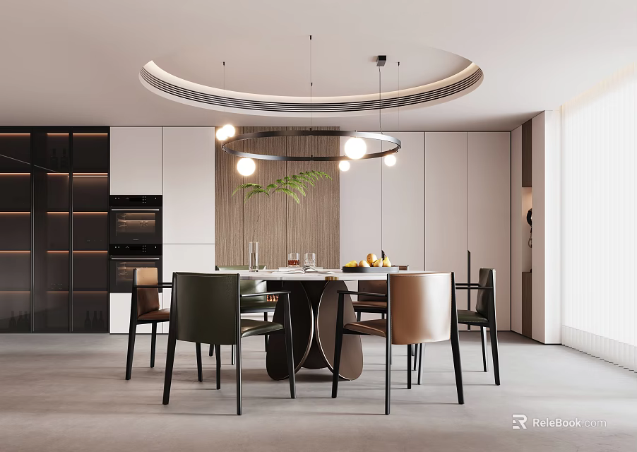 Modern Restaurant Interior Design With Round Dining Table Pendant Lights And Comfortable Chairs 3d model 