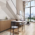 Modern Apartment Living Room With Gray Sofa TV Stand Chandelier Staircase And Large Decorative Painting