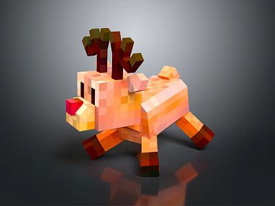 3D Pixelated Cartoon Reindeer Character With Red Nose Antlers And Orange Body 3d model