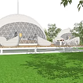 Transparent Geodesic Dome Tents In Green Grass With Trees And White Sofas On Wooden Platform