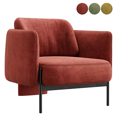 Red Modern Upholstered Single Seater Sofa with Wide Armrests Stitched Details and Black Metal Legs 3d model