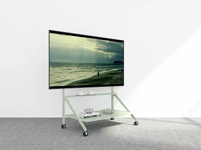 Modern TV On Mobile Stand With Wheels Showing Beach Scene In Bright Room 3d model