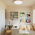 Bright Kids Room Interior Design With Desk Chair Bed Colorful Posters Shelf And Ceiling Light