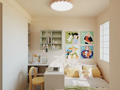 Bright Kids Room Interior Design With Desk Chair Bed Colorful Posters Shelf And Ceiling Light 3d model