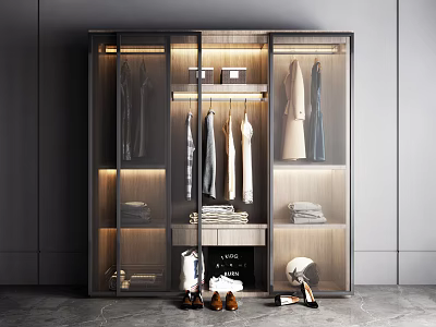 Modern Wardrobe Interior Design With Glass Doors Lighting Hanging Clothes Folded Garments And Shoes 3d model
