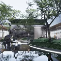 Modern Courtyard Garden with High Rise Residential Buildings Entrance Trees and Waterfront