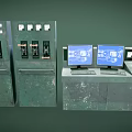 Gritty Industrial Control Consoles With Buttons Dials Screens And Worn Green Surface