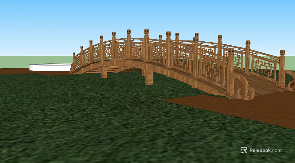 Traditional Wooden Bridge With Intricate Carved Railings Set In Lush Green Grass And Blue Sky 3d model 