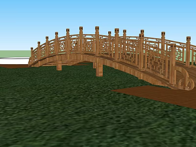 Traditional Wooden Bridge With Intricate Carved Railings Set In Lush Green Grass And Blue Sky 3d model