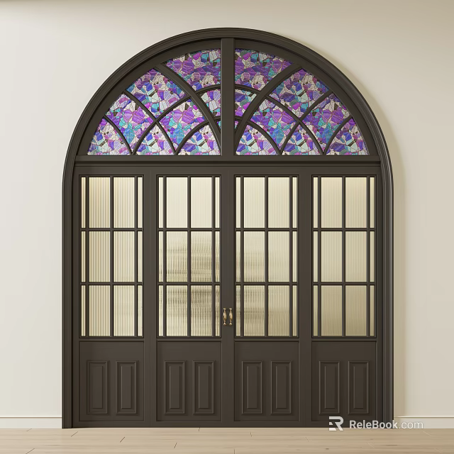 Elegant Arched Double Doors With Vibrant Stained Glass And Glass Panes Design 3d model 