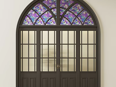 Elegant Arched Double Doors With Vibrant Stained Glass And Glass Panes Design 3d model