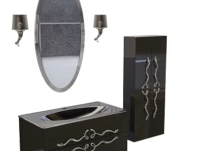 Elegant Black Bathroom Vanity With Silver Decorative Details Oval Mirror And Wall Sconces 3d model