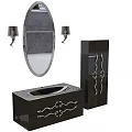 Elegant Black Bathroom Vanity With Silver Decorative Details Oval Mirror And Wall Sconces