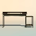 Modern Home Office Desk With Wooden Tabletop Black Metal Frame And Side Storage Shelf