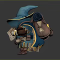 Fantasy Wizard Character With Blue Pointed Hat Scrolls Map And Decorated Outfit 3d model