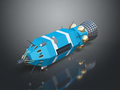 Sci Fi Mechanical Equipment with Blue Body Gold Spherical Components and Mesh Structure 3d model