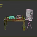 Military Weapons Display with Green Ammo Box Helmet Bullets on Wooden Table and Tripod Map