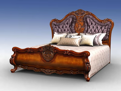 Classic Carved Wooden Double Bed With Ornate Upholstered Headboard And Pillows 3d model