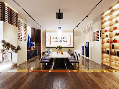 Modern Meeting Room With Long Table Chairs Large Screen Wooden Floor And Decorative Walls 3d model