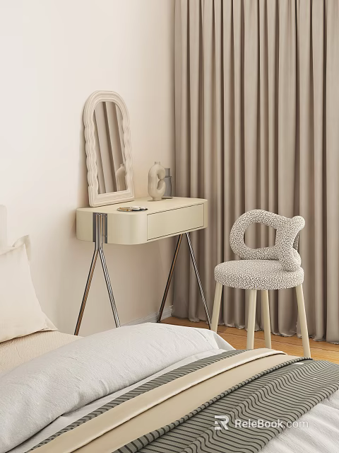 Modern Cream Dressing Table With Metal Legs Oval Wavy Mirror And Plush Ring Chair 3d model 