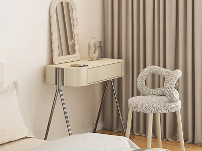 Modern Cream Dressing Table With Metal Legs Oval Wavy Mirror And Plush Ring Chair 3d model