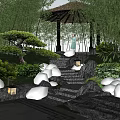 Park Landscape With Thatch Roofed Pavilion Stone Steps Bamboo Pine Trees And Flower Bushes