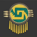 Traditional Clothing Ornament Featuring Circular Yellow Background Green Geometric Pattern Golden Border And Tassels