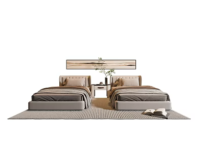 Modern Double Bed Bedroom Setup With Headboard Nightstands Wall Art And Area Rug 3d model