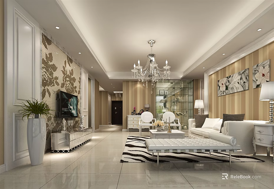 Modern Living Room Interior Design With Chandelier White Sofa And Decorative Paintings 3d model 