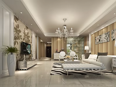 Modern Living Room Interior Design With Chandelier White Sofa And Decorative Paintings 3d model