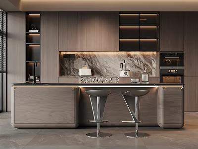 Modern Open Restaurant Interior With Marble Island Counter Bar Stools And Cabinets 3d model