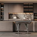 Modern Open Restaurant Interior With Marble Island Counter Bar Stools And Cabinets