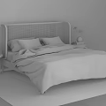Modern Double Bed With Wicker Headboard Bedside Tables Beige Bedspread And Gray Rug 3d model