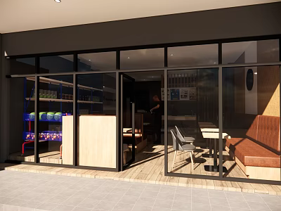 Modern Café With Glass Front Open Design Interior Tables And Wooden Counter 3d model