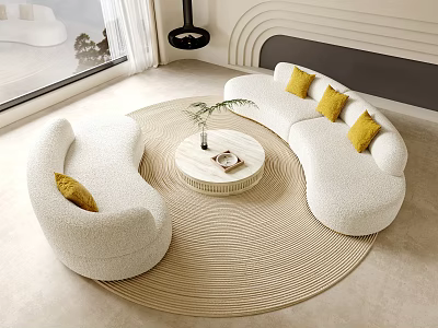 Modern Curved White Plush Sofa Set With Round Coffee Table And Yellow Cushions On Rug 3d model