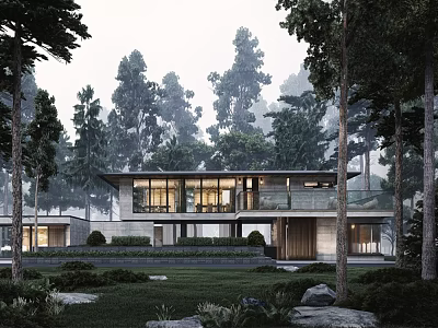 Modern Forest Guesthouse Building With Large Glass Windows And Natural Tree Surroundings 3d model
