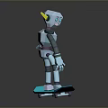 White Robot with Yellow Ears and Green Striped Limbs Riding Blue Skateboard