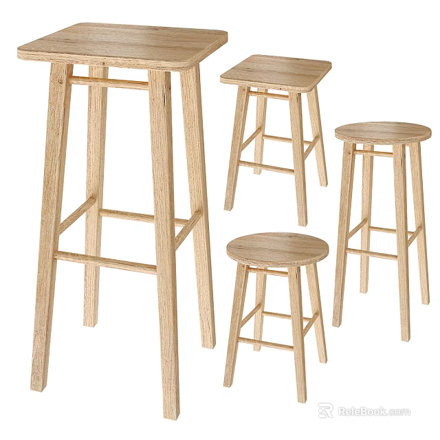Four Minimalist Wooden Stools With Light Color And Different Height Designs 3d model 