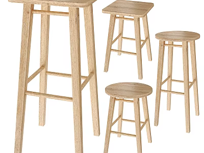 Four Minimalist Wooden Stools With Light Color And Different Height Designs 3d model