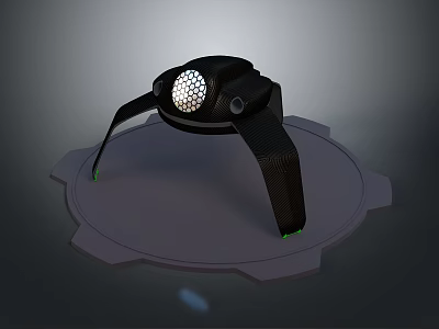 Modern Black Device with Three Leg Stand Central Illuminated Sphere and Gear Shaped Base 3d model
