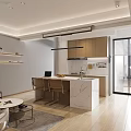 Modern Dining and Living Room Interior with Open Kitchen Island Wooden Cabinets Sofa Coffee Table