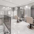 Modern Hair Salon Interior Design With Mirrors Chairs Staircase And Pendant Lights