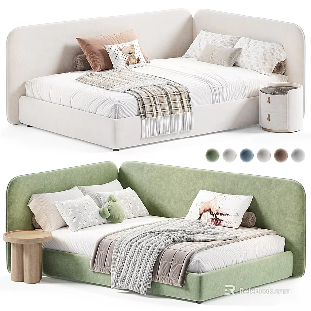 Green And Beige Kids Bed With Soft Pillows Cozy Blankets And Small Nightstand 3d model 
