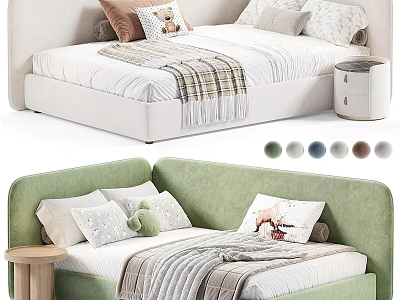 Green And Beige Kids Bed With Soft Pillows Cozy Blankets And Small Nightstand 3d model