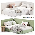 Green And Beige Kids Bed With Soft Pillows Cozy Blankets And Small Nightstand