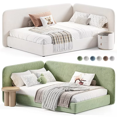 Green And Beige Kids Bed With Soft Pillows Cozy Blankets And Small Nightstand 3d model