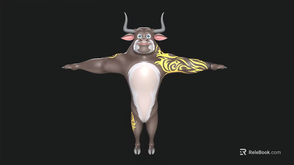 Muscular Cartoon Bull With Horns Brown Body Yellow Patterns Outstretched Arms 3d model 