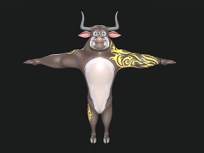 Muscular Cartoon Bull With Horns Brown Body Yellow Patterns Outstretched Arms 3d model