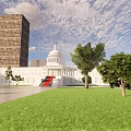 United States Capitol White Building Dome Plaza With Trees Blue Sky And White Clouds