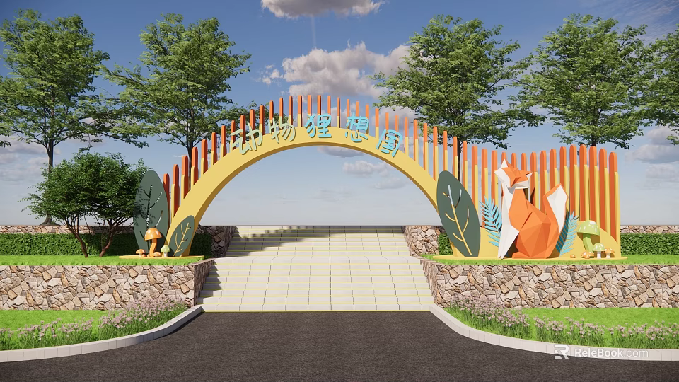 Arched Entrance Gate of Animal Ideal Country with Stone Walls and Fox Patterns 3d model 